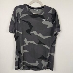 Gymshark Mens Geo Camo Short Sleeve Training T-Shirt Grey Black Large